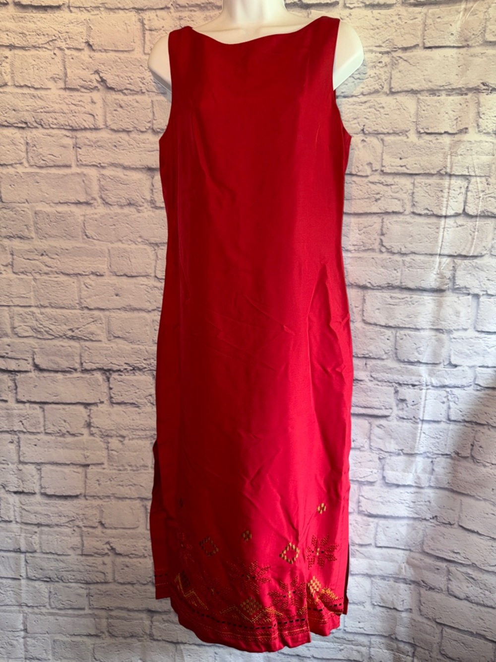 Donna Morgan Red Midi Shift Dress with Embellished Hem Silk Size 8